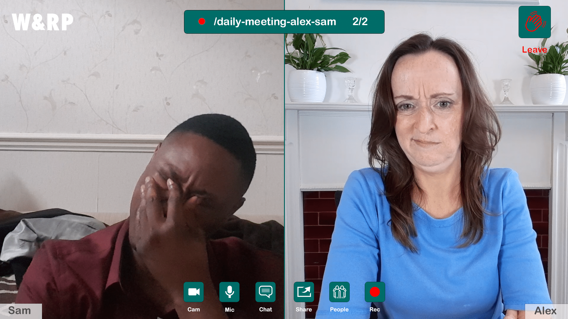 A Little Hungover - a video call - the screen is divided in two. On the right is a women in a blue top looking concerned. On the left is a man in a red shirt with his head in his hands.