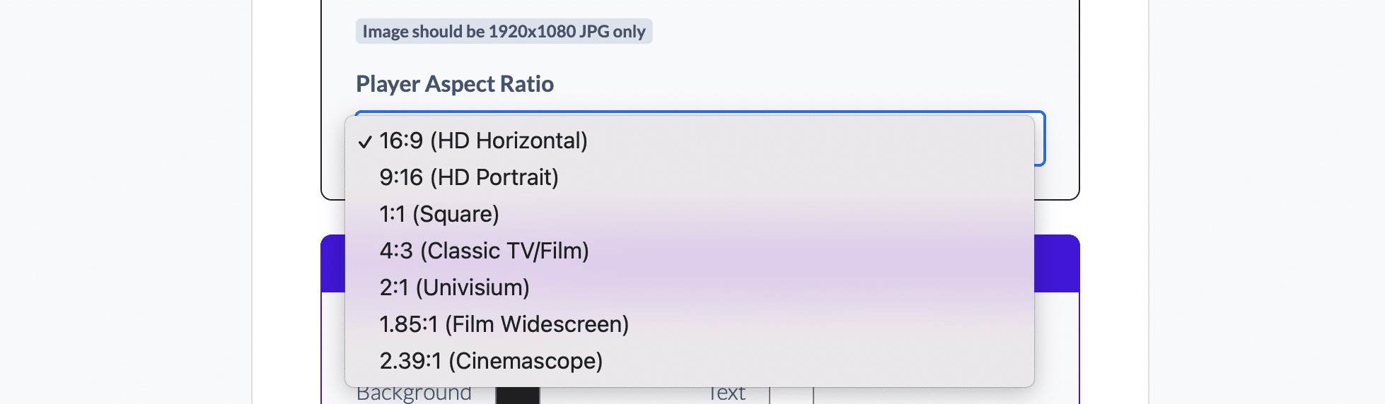 Project settings showing player aspect ratio settings panel