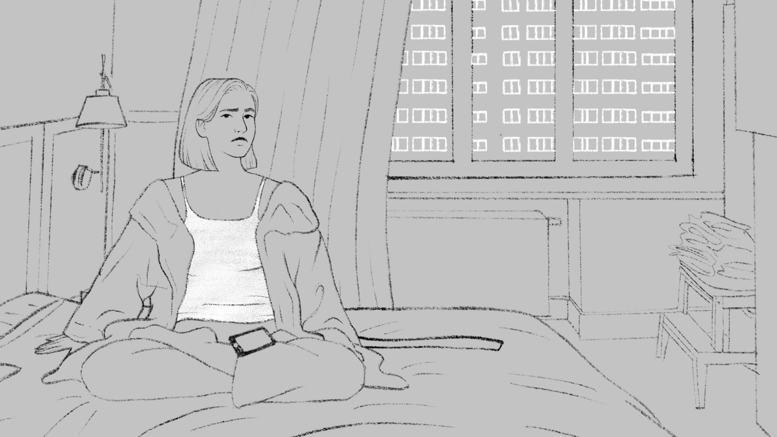 Screenshot of the main character in Pandemioza sitting on the bed