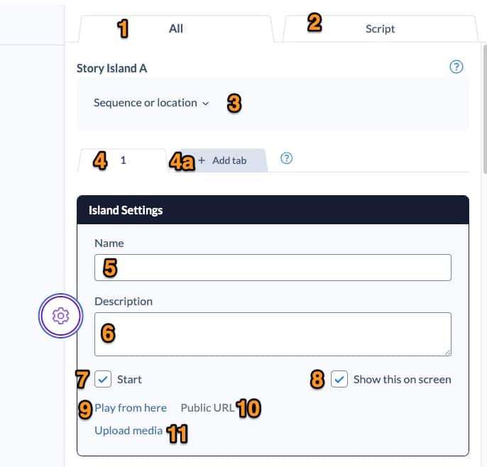 Stornaway Island Settings Panel - each of the Stornaway settings is numbered with links to each of the settings