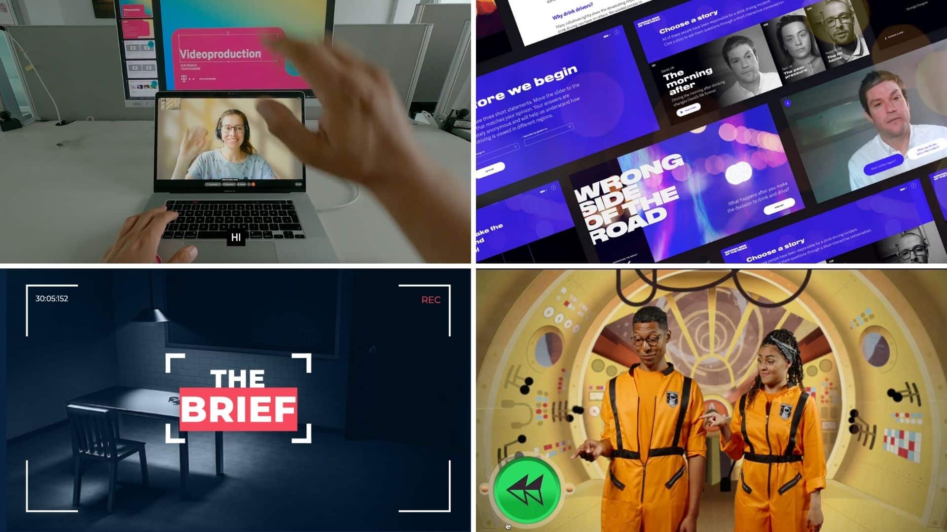 4 screenshots from interactive training videos made in Stornaway. Those featured are: #PlayYourDay from Deutsch Telekom, Wrong Side of the Road from Diageo, Devogames from Devoteam and the Josephine Baker Digital Learning Portal from The Egg.