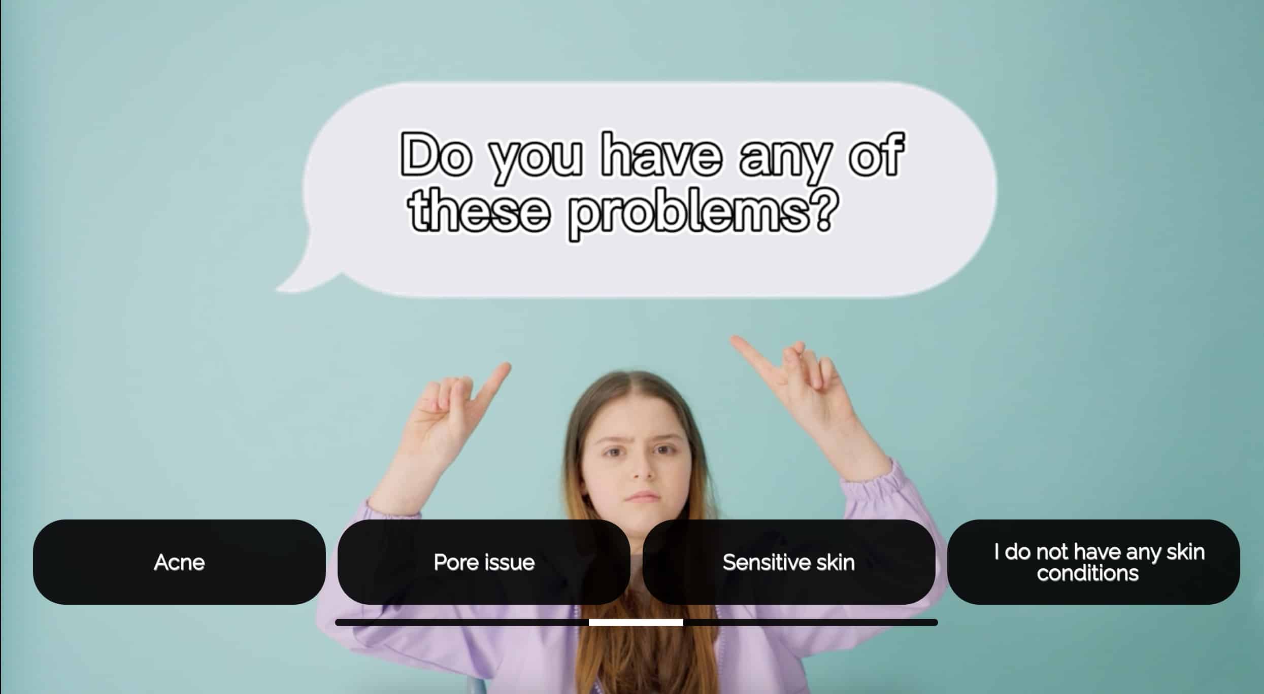 A screenshot from a student video - a girl in a purple top points to a speech bubble that reads "do you have any of these problems?". Below, in black boxes, are the choices: "Acne, Pore Issues, Sensitive Skin, I don't have skin conditions"