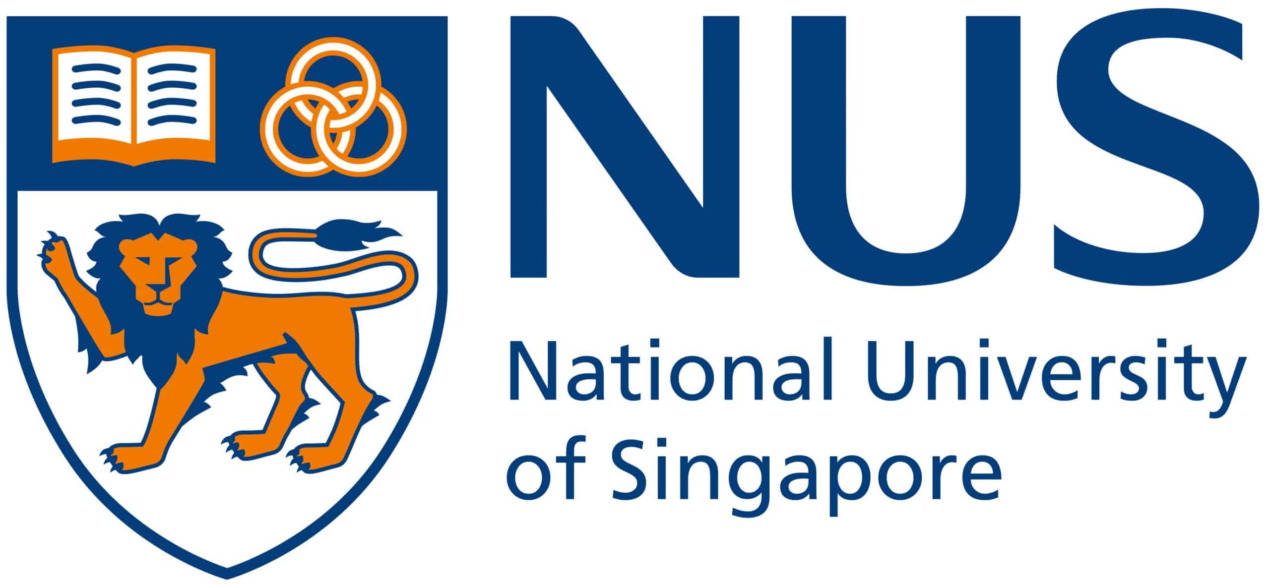 Logo for the National University of Singapore - a crest shows an open book, 3 linked rings and an orange lion.