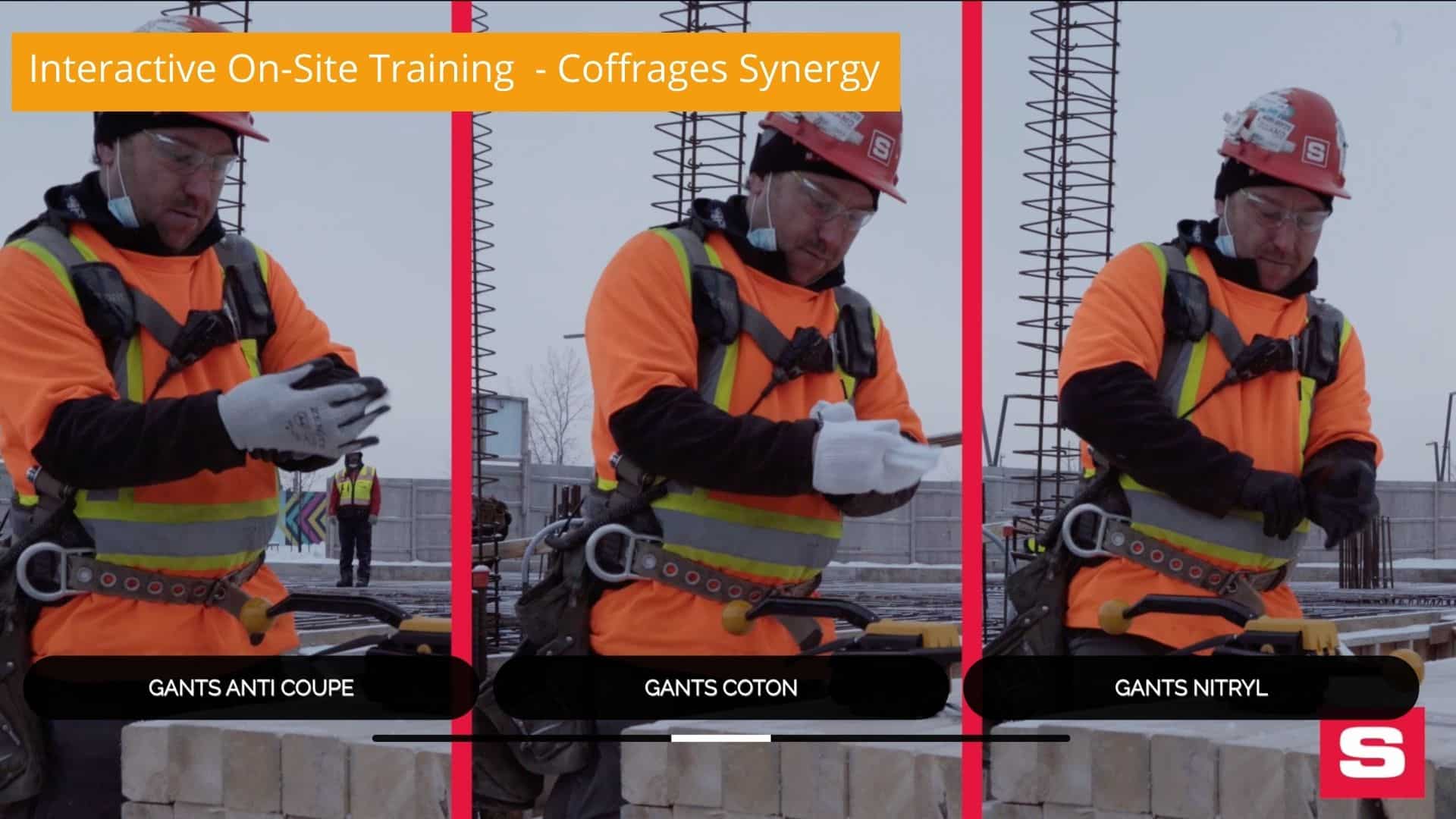 Still frame from Interactive On Site Training Video - showing a man using different tools. The same man is pictured three times, each with a different tool