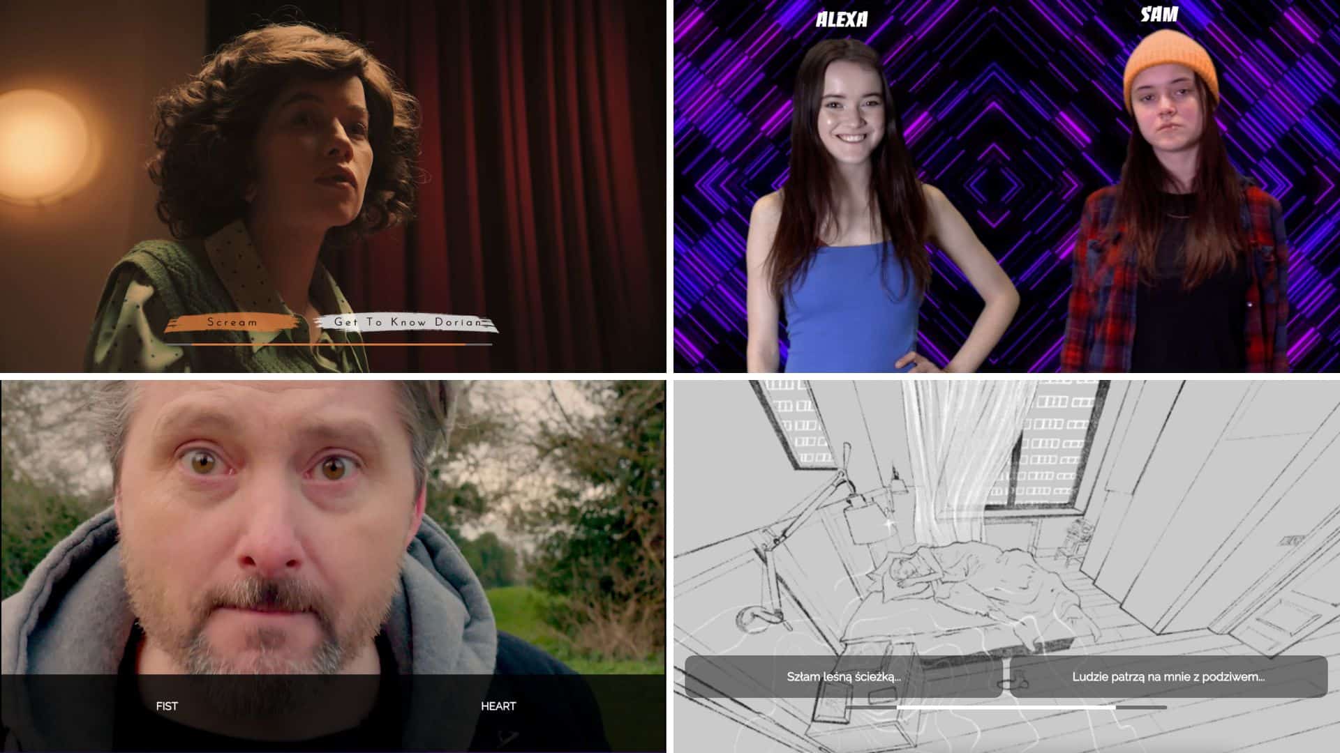 4 stills from interactive entertainment videos - The Gallery. Find me a Girlfriend, Life moves pretty fast and Pandemozia