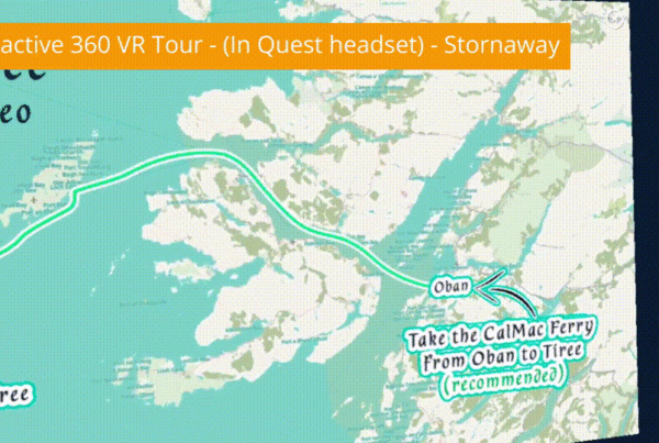 Short screen recording of interactive 360 VR tour from within Quest headset. Tour of Tiree from Stornaway.