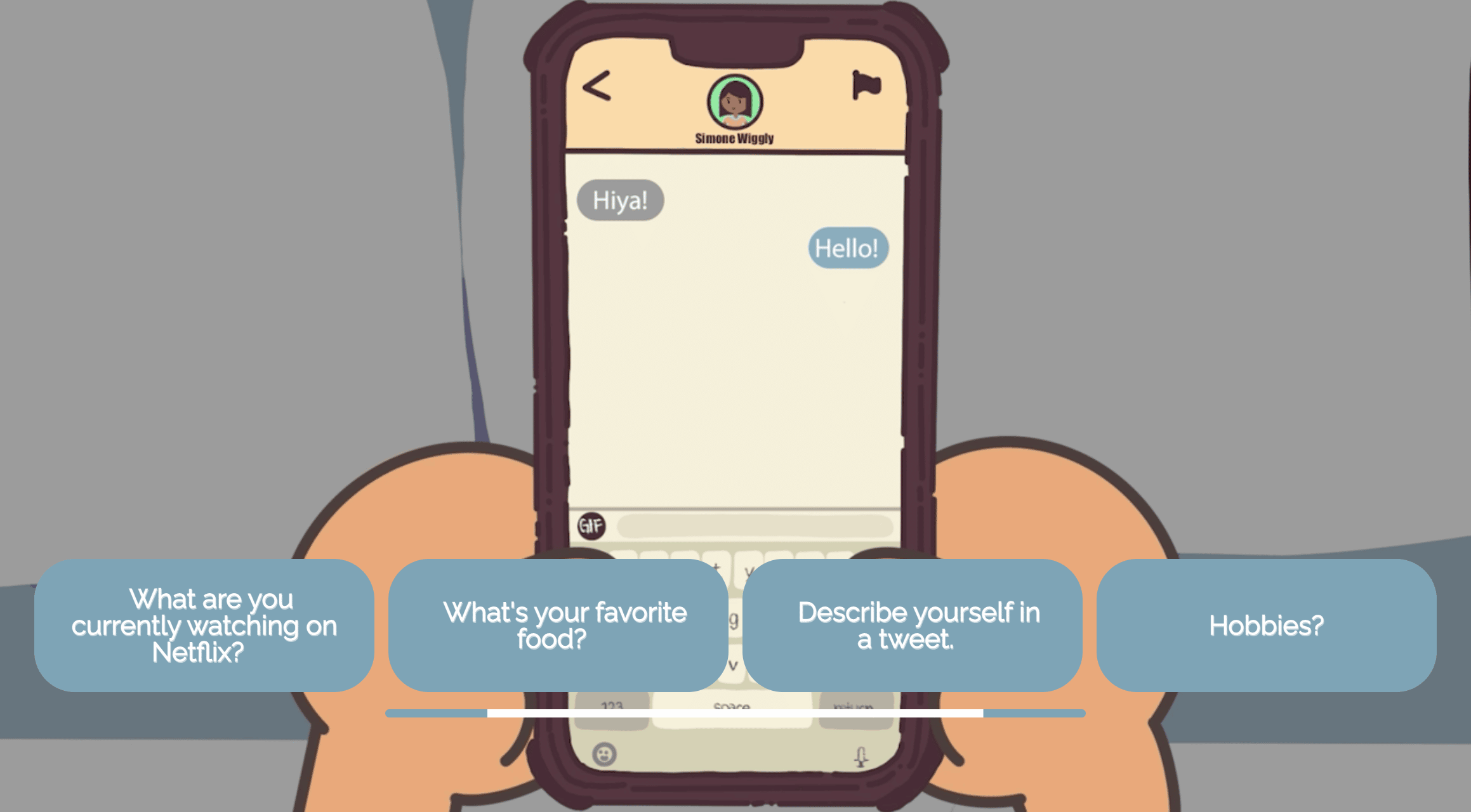 ully animated project from Austin Community College Students - a computer drawn picture of hands holding a phone. The phone is in messenger mode and 4 questions are given on the screen for the viewer to choose from: "What are you currently watching on Netflix?", What is your favourite food?", "Describe yourself in a Tweet", "Hobbies?"