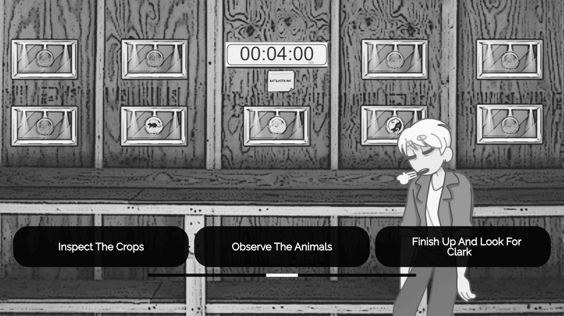 Crossroads - fully animated project from Austin Community College Students - a black and white animated scene. A man stands with 3 choices on screen "inspect the crops", "observe the animals", "Finish up and look for Clark"