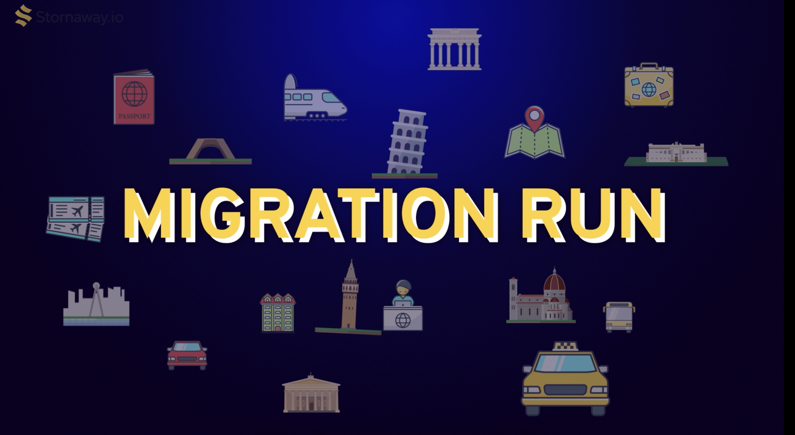 Title screen for Migration Run - Yellow letters spell: Migration Run. Behind the title there is a blue background with computer graphics, these show city and travel features such as taxis, skyscrapers, maps, cameras, suitcases.