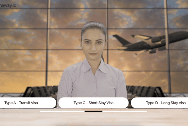 A screenshot from Migration Run - A woman sits in front of a glass screen. Behind her, a plane takes off. Above her desk are three options of visa for the user to choose from.