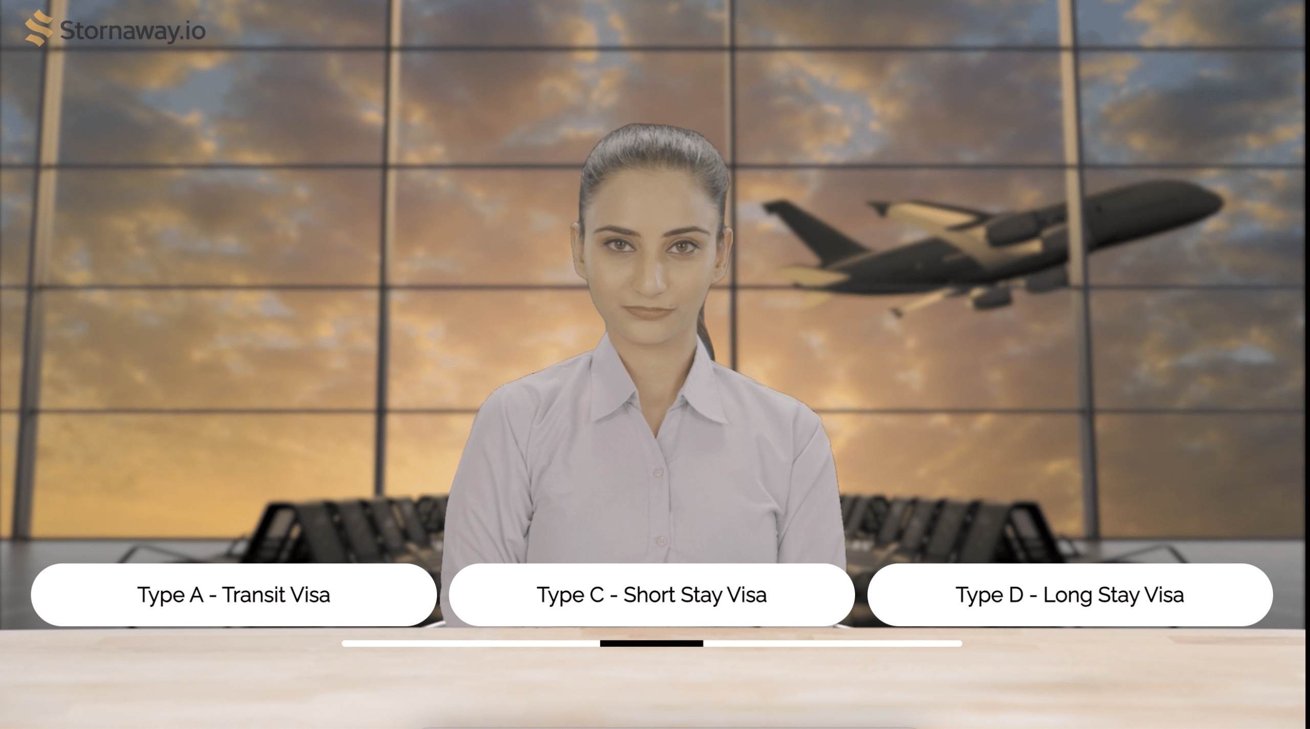 A screenshot from Migration Run - A woman sits in front of a glass screen. Behind her, a plane takes off. Above her desk are three options of visa for the user to choose from.