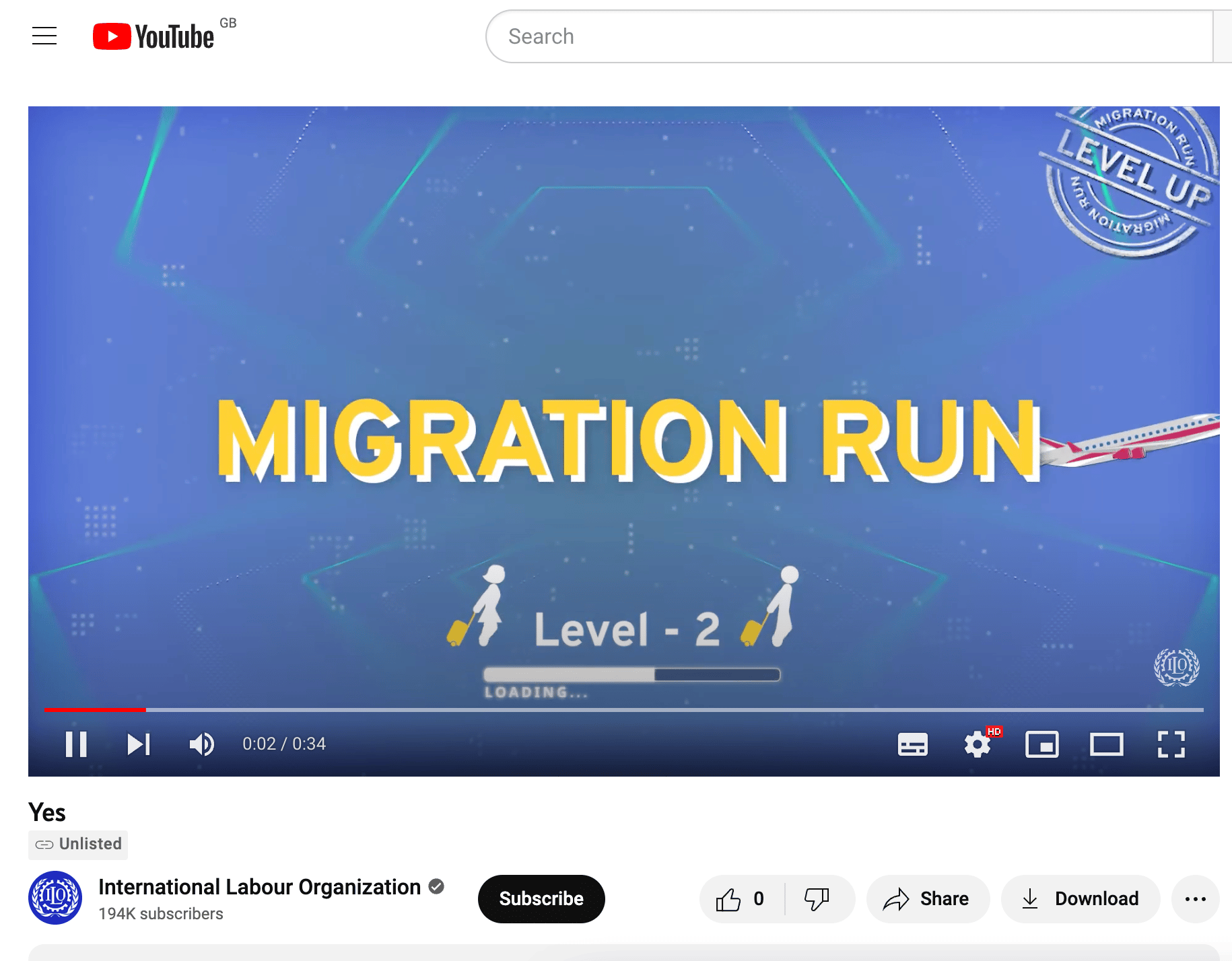 A Screenshot from YouTube - Migration Run is playing, the second video has just begun - Level 2. A blue background, with the words "migration run" in yellow text. Underneath the text, is an animation of a loading bar and two white silhouettes pulling suitcases.