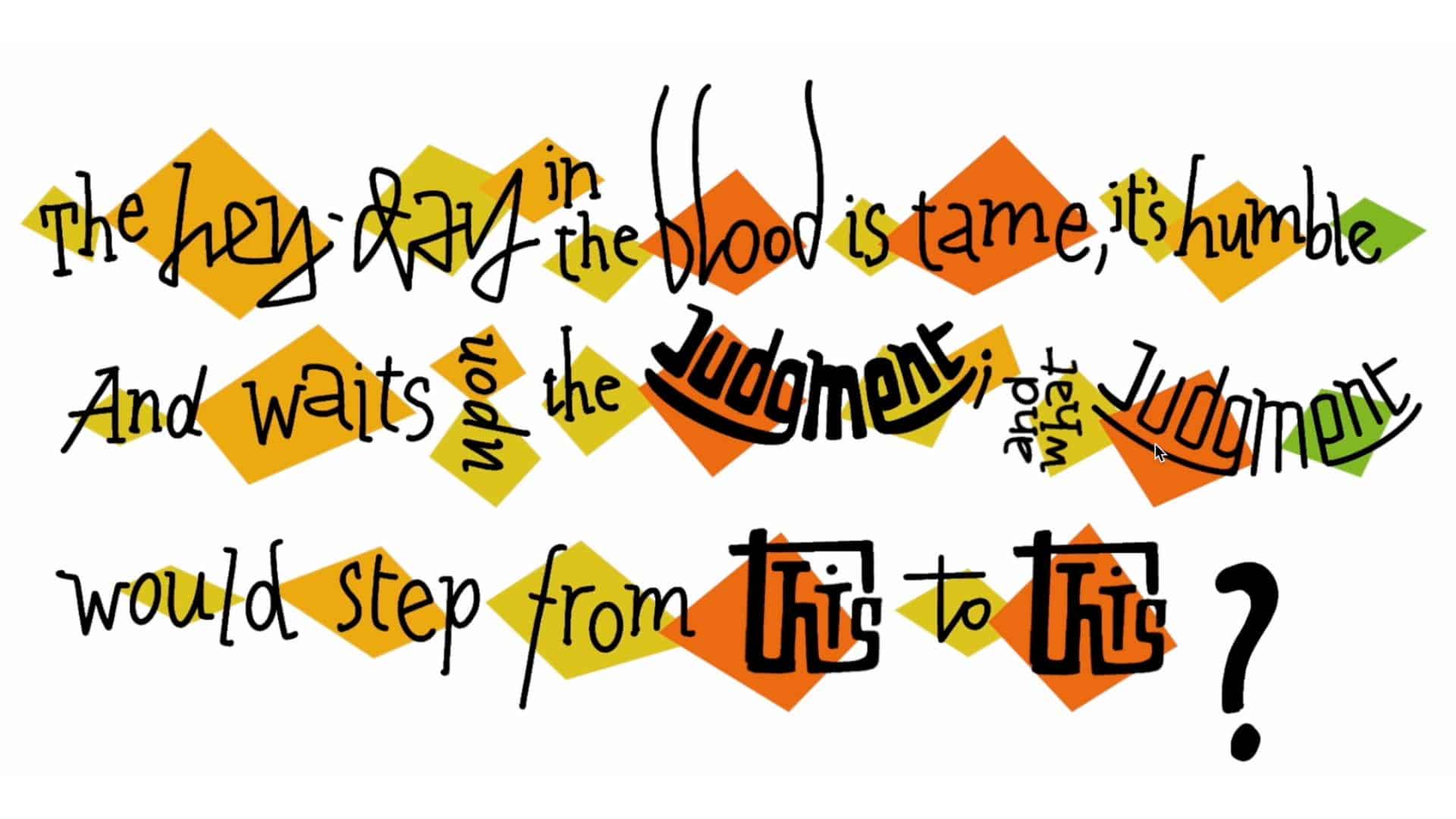 A section from a verse of text from Shakespeare's Hamlet. The words have greens, yellows and orange blocks behind them.