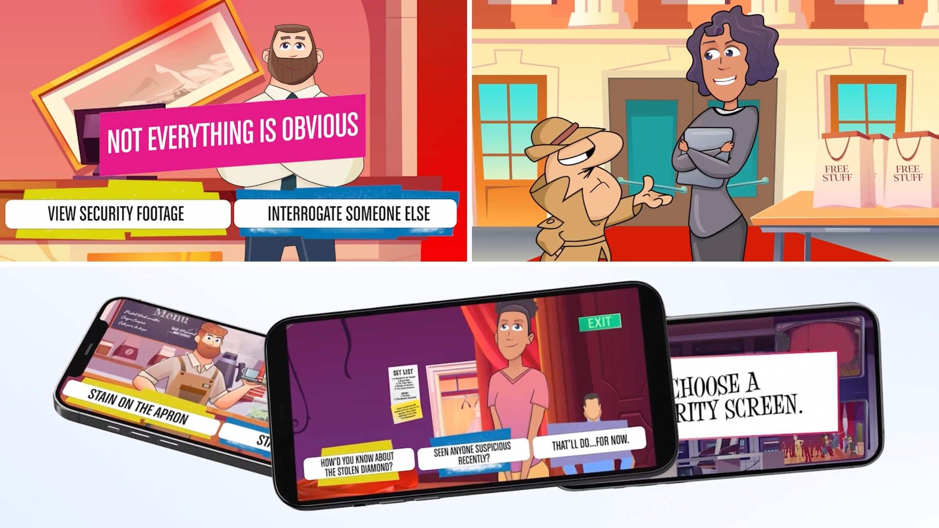 3 images taken of the Pink Panther app in action. Top left, cartoon, a man stands in front of a falling painting. The words " not everything is obvious" are in white with a pink background on the front of the screen. Underneath, there are two options: "view security footage" "integrate someone else" Top right - cartoon - a short moustached man wears a beige trench coat and hat. He looks questioningly at a tall woman wearing grey. Bottom - three smartphones each show a snippet of the pink panther experience