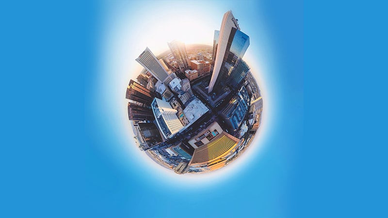 Interactive 360 videos = a 360 view of a cityscape