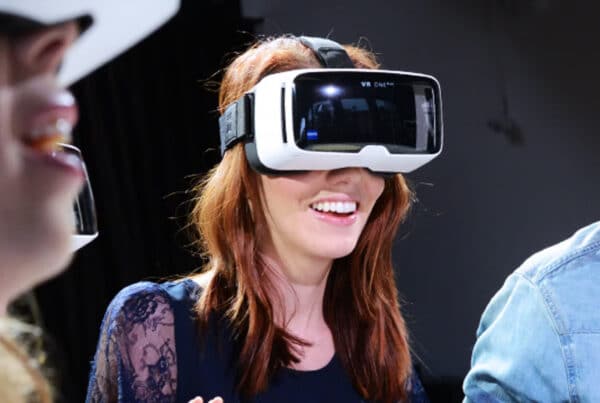 Woman wearing VR headset watching interactive 360 video