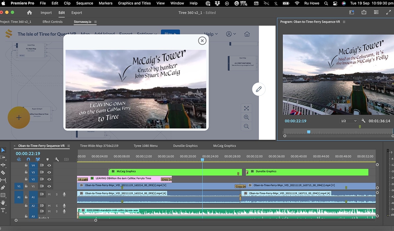 Stornaway inside Adobe Premiere Pro - Adobe Premiere Pro software is open with the Stornaway map open in one window.