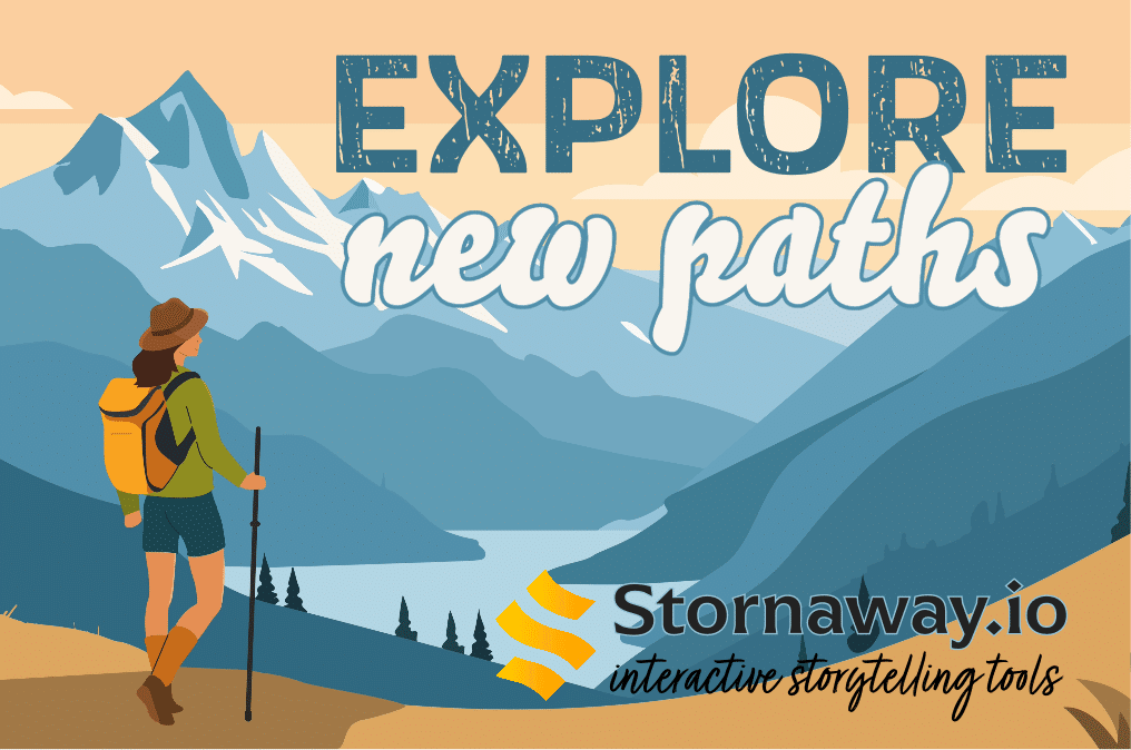 Stornaway Explore New Paths Poster - A cartoon image showing a woman in a brown hat, yellow bakcpack, green coat, blue shorts and hiking boots looking out over a mountainous valley where a river and trees lie.