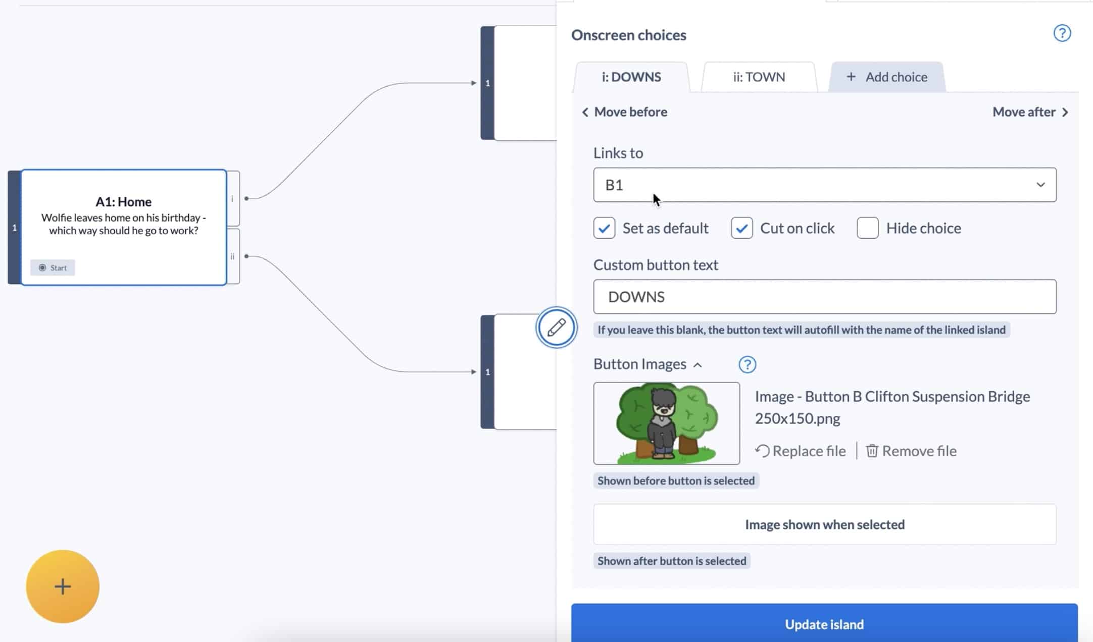 Customised buttons in Stornaway island settings panel - A side panel is open in front of the Stornaway map with options for the creator to chose. The image of a cartoon forest with a smiling man in front of it has been uploaded into the button images section.