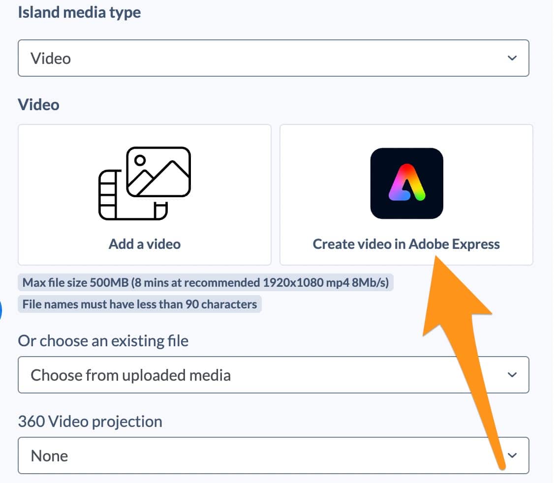 A screenshot of the Stornaway island settings panel with an orange arrow pointing to "create video in Adobe Express".