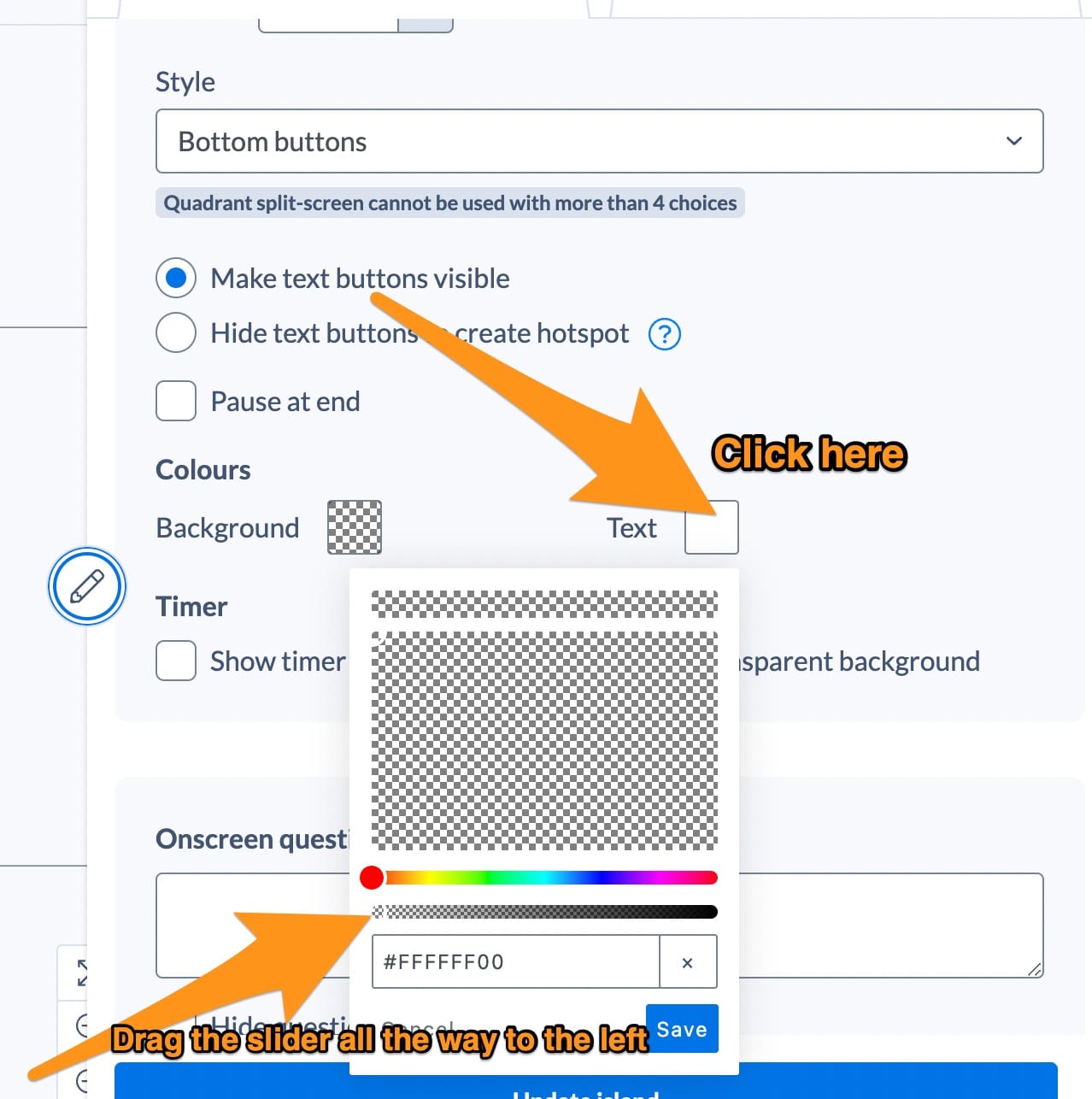 A screenshot of the island settings panel where you can set the text opacity to zero.