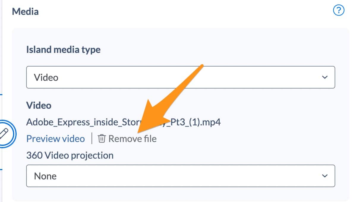 A screenshot of the Stornaway island settings panel with an orange arrow pointing to "remove file".