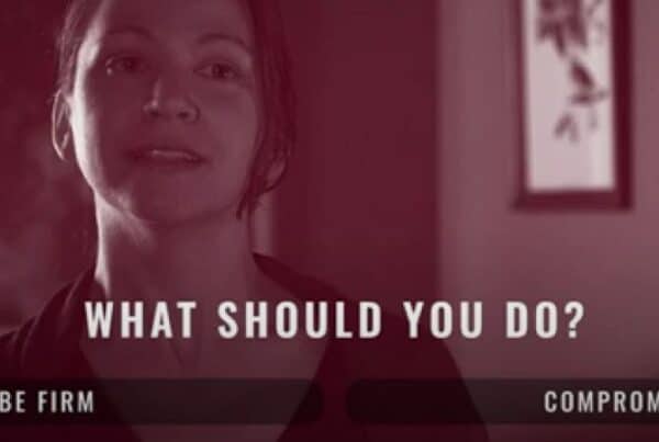 Want to persuade your boss to buy new software? A screenshot from an interactive video created in Stornaway.io - a woman faces the camera, a question below her face reads "what should you do?" the options are "be firm" or "compromise"