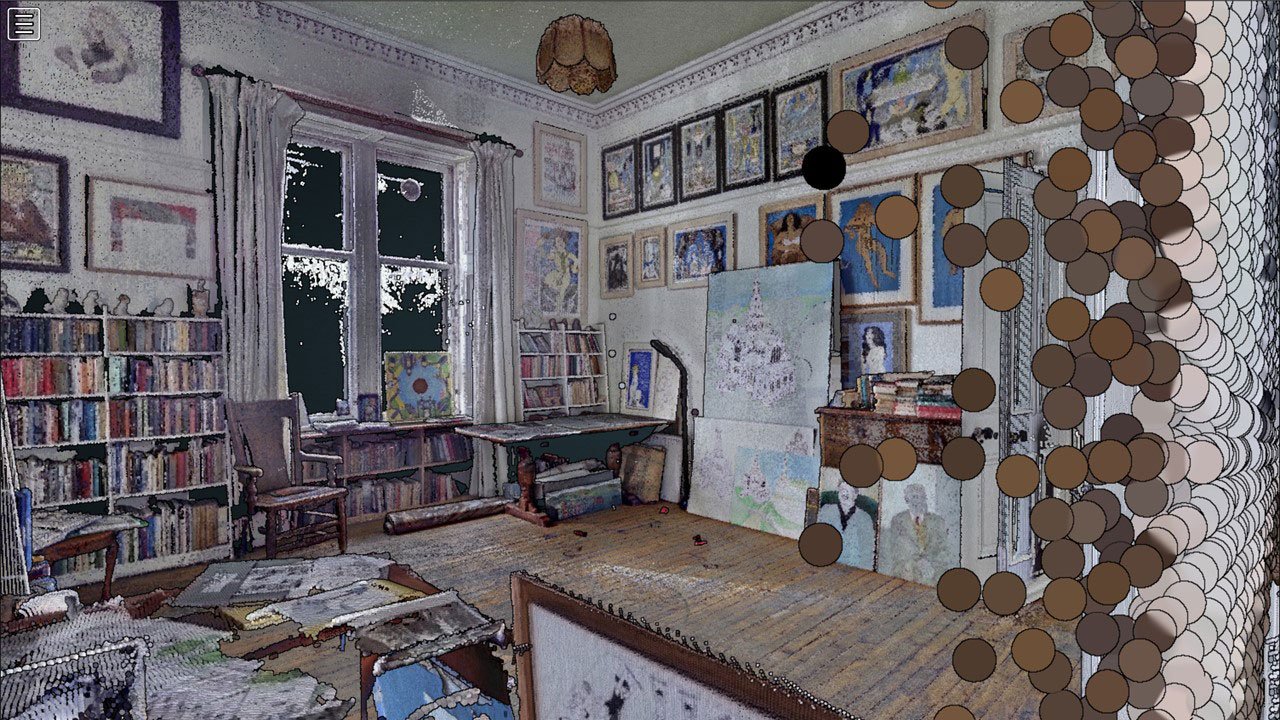 A screenshot of inside Alasdair Gray's house - the backroom -his bedroom and studio - where he slept surrounded by his art and books.