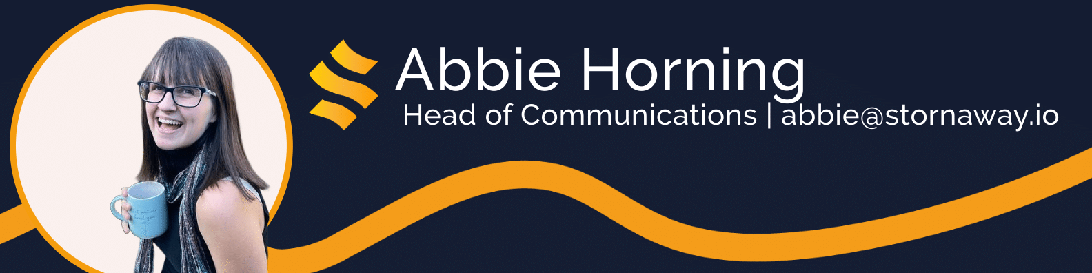 Abbie Horning - Head of communications - a blue banner with a beige circle on the left handside. Abbie - a white lady with long brown hair with a fringe - holds a teal coffee cup and smiles. An orange wavy line goes along the bottom of the banner.