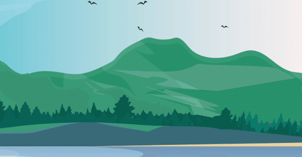 Adobe inside Stornaway - A digital image showing green mountains, silhouetted birds and a blue river