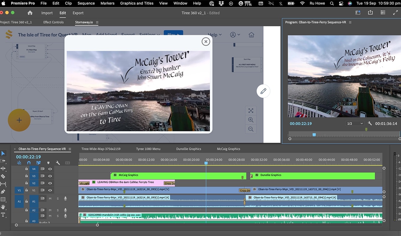Adobe Premier Pro Open with the Stornway.io plugin open inside