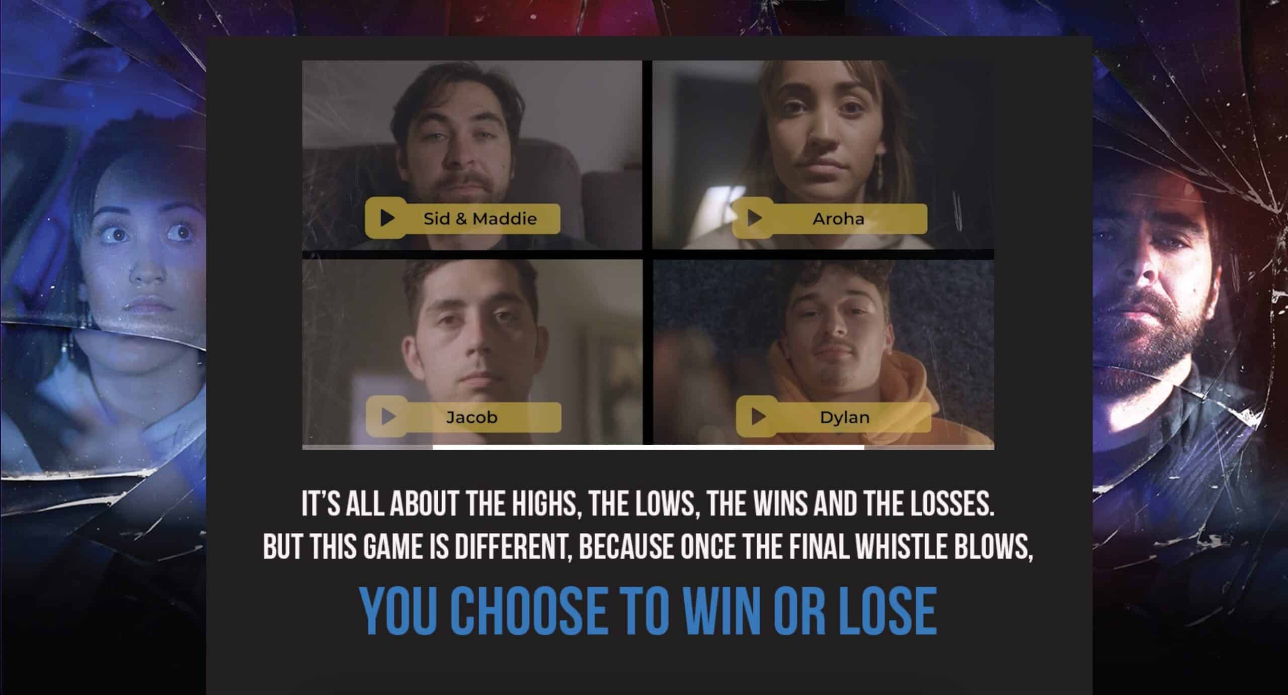 Facebox website - a video shows four faces. Choose who is driving and follow the interactive story