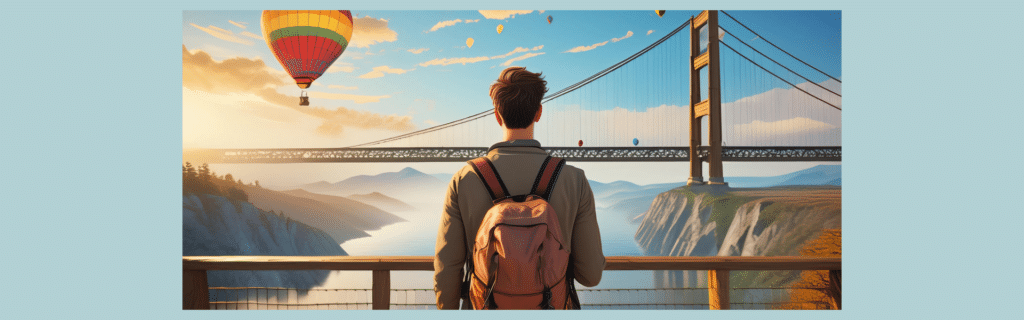 interactive video - a man looks out onto a suspension bridge with a hot air balloon behind it