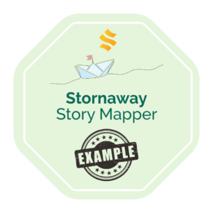 Story Mapper Badge - an example of a badge/token the Stornaway School learners can get for watching session. A pale green octogen with a pencil-like sketch of a paper boat with a red flag in the top and a thin wavy line representing water. A big stamp says "example"