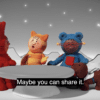 A still from Mixmups with Ultra Access. An accessible tv show. The still features simplified visuals with the three characters in colour and the background in black and white.