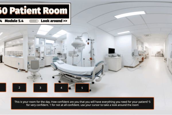 A 360-degree panoramic view of a modern hospital patient room, labeled "360 Patient Room – Task 14, Module 5.4." The room is bright and sterile with white floors and walls. It contains a hospital bed in the center, surrounded by medical equipment, monitors, workstations, and seating for healthcare staff. Overhead surgical lights are positioned above the bed. The room is equipped with various cabinets, a computer, and other essential medical devices. At the bottom of the image, a prompt asks viewers to rate their confidence (1–5) in having everything needed for a patient.