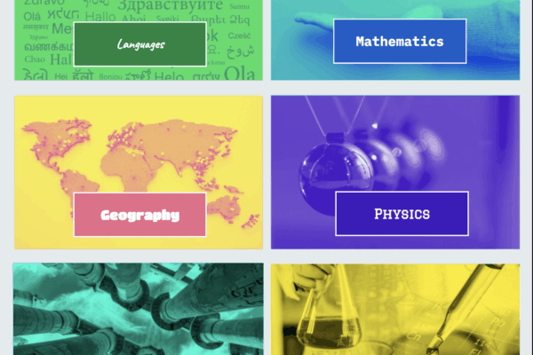 Custom buttons in Stornaway - A colorful educational graphic with six subject panels. The top row has “Languages” on a green background with words for “Hello” in various languages, and “Mathematics” on a blue background with math symbols. The middle row shows “Geography” on a yellow background with a pink world map, and “Physics” on a purple background with Newton’s cradle spheres. The bottom row has “History” on a teal background with ancient columns, and “Biology” on a yellow background showing lab equipment like flasks and pipettes.