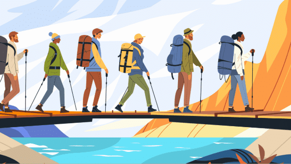 “Illustration of a group of hikers with backpacks walking across a wooden bridge over a river, surrounded by colorful mountains and nature — header image for the Stornaway Academic Summit: Exploring Polyphonic Documentary with Stornaway.”