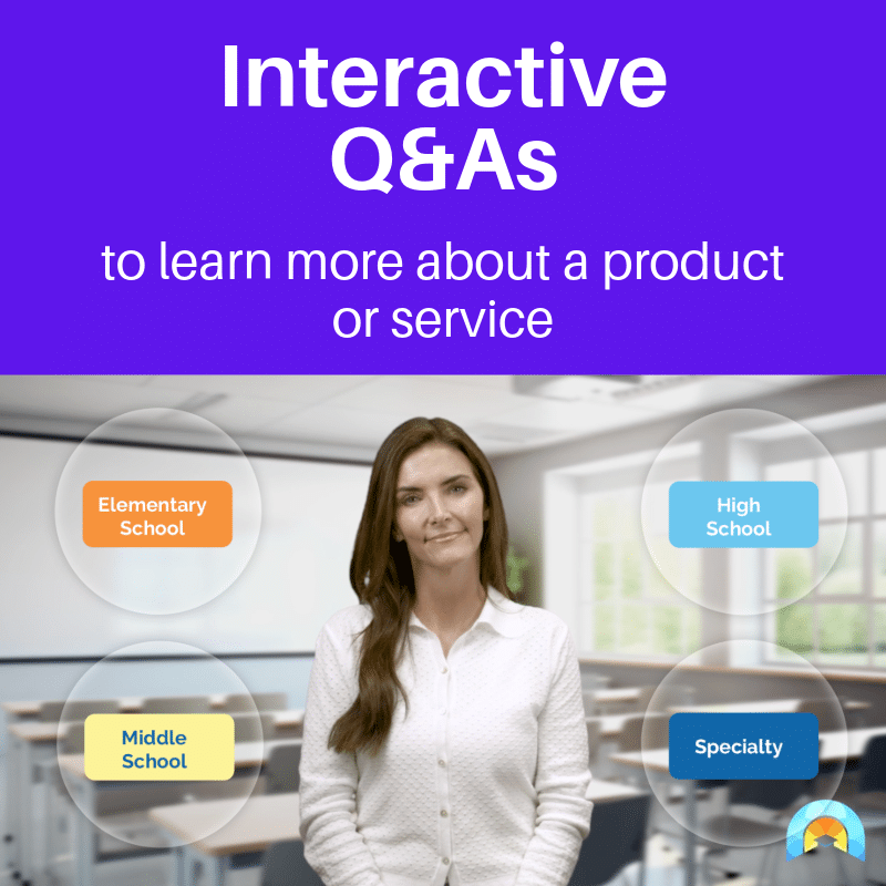 A women is standing in a classroom with a number of buttons in floating bubbles around her - elementary school, high school, middle school, specialty. The top of the image features text promoting interactive Q&As for learning more about a product or service