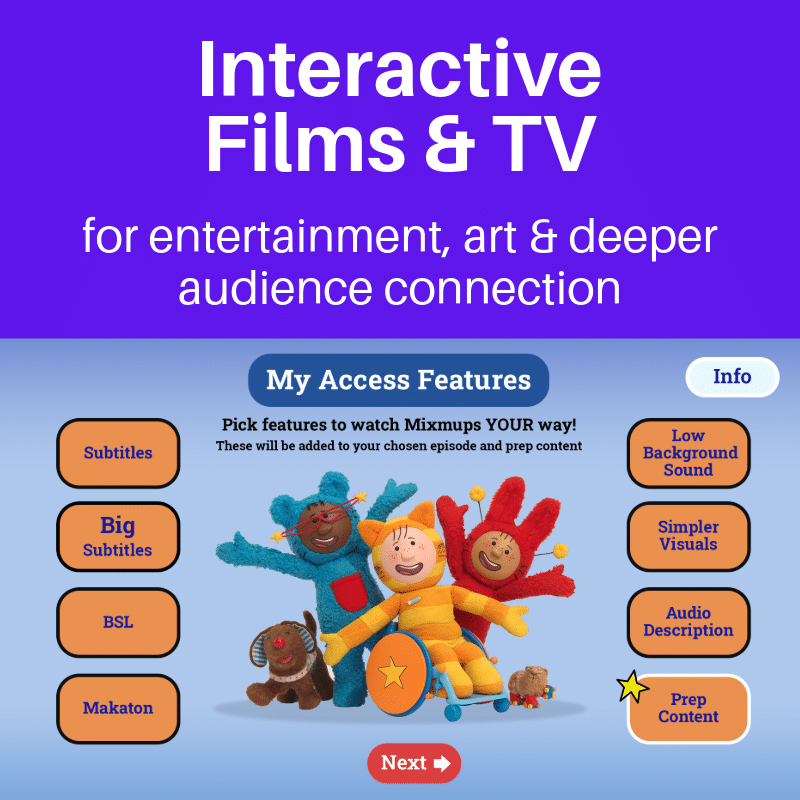 An image of the children's characters from Mixmups with several button options surrounding them for selecting accessibility options. The top of the image features text promoting interactive tv & films for delighting audiences