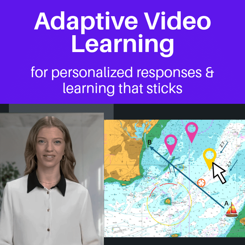 An avatar is sitting left of an image of a map with 3 points on it. one is highlighted with a cursor on top. The top of the image features text promoting video learning for training that sticks