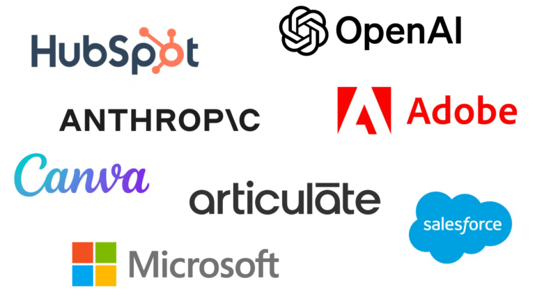 logos for hubspot, open ai, canthropic, adobe, canva, articulate, microsoft and salesforce